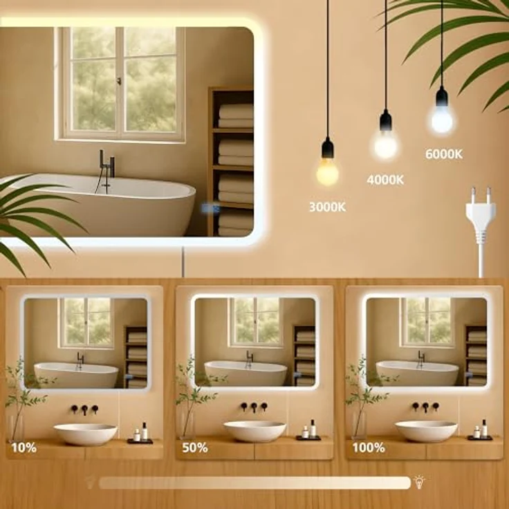 CLP Badspiegel Jericho Anti-Beschlag LED-Beleuchtung dimmbar 3 Licht-Modi,60x80 cm – Bild 6