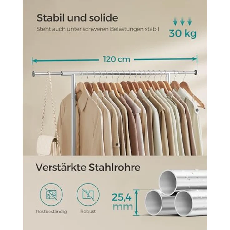 SONGMICS Stand Appendiabiti Con Ruote, Attaccapanni Estensibile in Metallo, Con Ripiano Portaoggetti Rialzato, 40 x (83-120) x 156 cm, Portata Totale 45 kg, Argento HSR134E01 – Bild 5