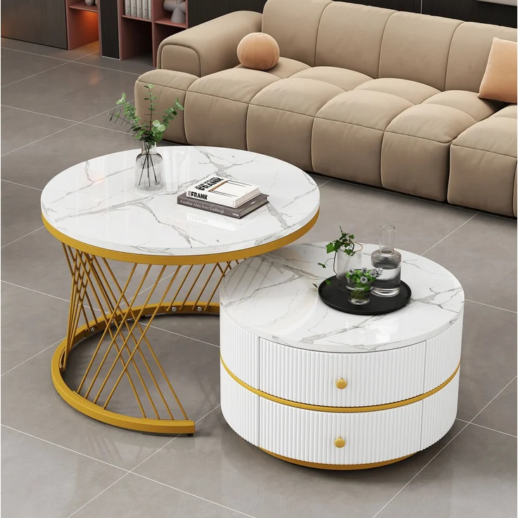 2-teiliges Couchtisch-Set mit Marmoroptik, runde Beistelltische mit Schubladen, Hochglanz Weiß, MDF Wohnzimmertische Set – Bild 1
