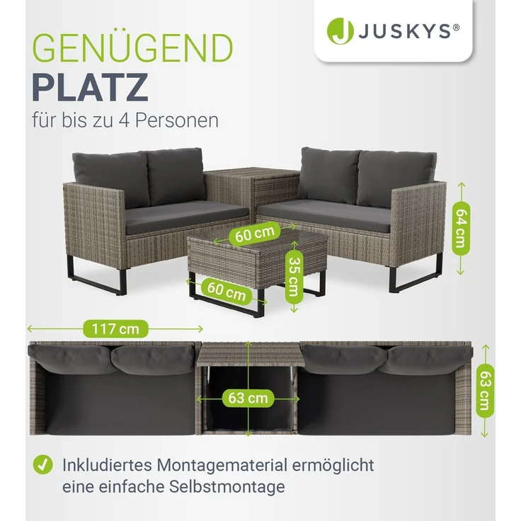 Juskys Outdoor Polyrattan Lounge Santorini inkl. Abdeckung - Gartenlounge mit Beistelltisch & Auflagenbox - Gartenmöbel Set Rattan Sitzecke wetterfest - Grau – Bild 6