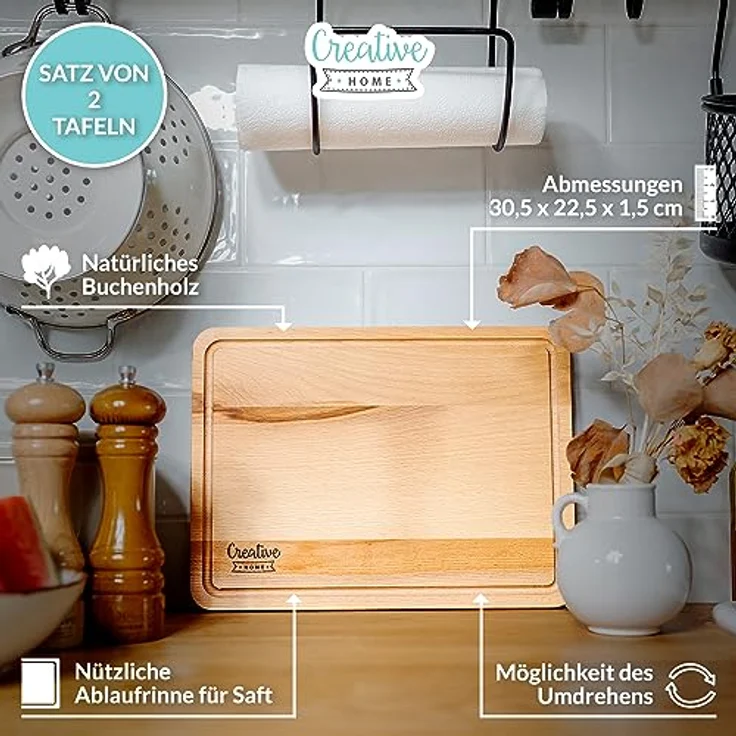 Creative Home Schneidebrett mit Saftrille 30,5 x 22,5 x 1,5 cm Holzschneidebrett Holzbrett Küche, (2-St), mit tiefer Saftrille – Bild 6
