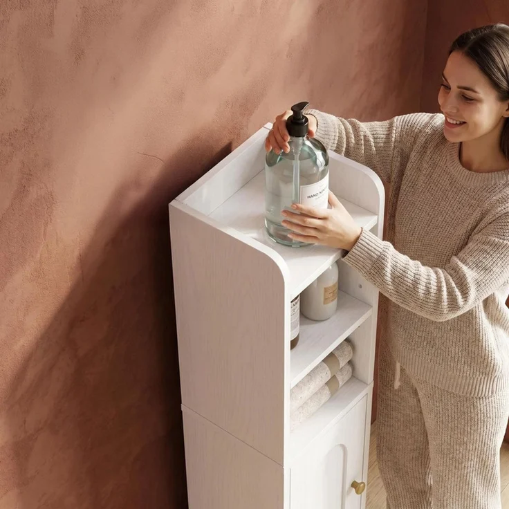Halupeit Schmaler seitlicher Aufbewahrungsschrank für die Toilette, kleiner Badezimmerschrank, verstellbare Regalböden, platzsparender Bodenschrank, speziell für kleine Wohnungen entwickelt, einfach zu montieren, 20.5 x 20.5 x 83.5 cm, weiß und gold – Bild 6