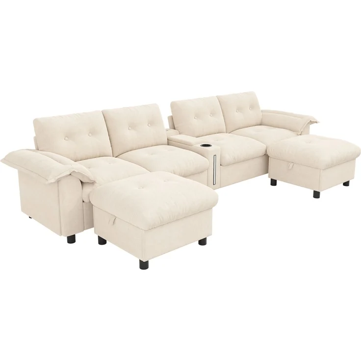 DESVIAE Sofa Modulares 6-Sitzer-Ecksofa Beige aus Chenille – 312x82x142 cm – Stauraum-Hocker, LED-Beleuchtung – Bild 8