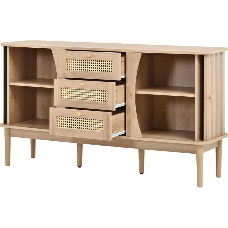 DESVIAE Sideboard Natur aus MDF – 141x77x40 cm – 3 Rattanschubladen, Schiebetüren – Bild 6
