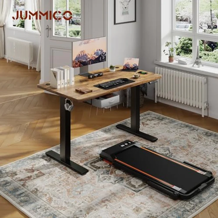JUMMICO Höhenverstellbarer Elektrischer Stehtisch 140 x 80 cm mit Schublade und Haken – Höhenverstellbarer Sitz-Steh-Tisch mit Stabilem Stahlrahmen, Breiter Stehtisch für das Homeoffice, Braun – Bild 2