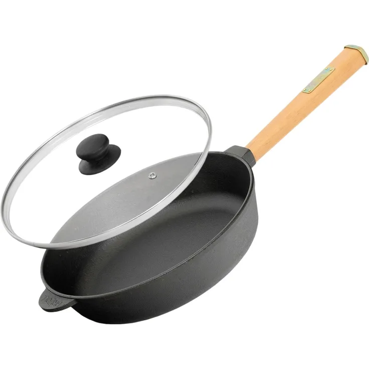 Ø24cm Gusseisenpfanne 62mm hoch mit Holzgriff und Glasdeckel Induktion Bratpfanne