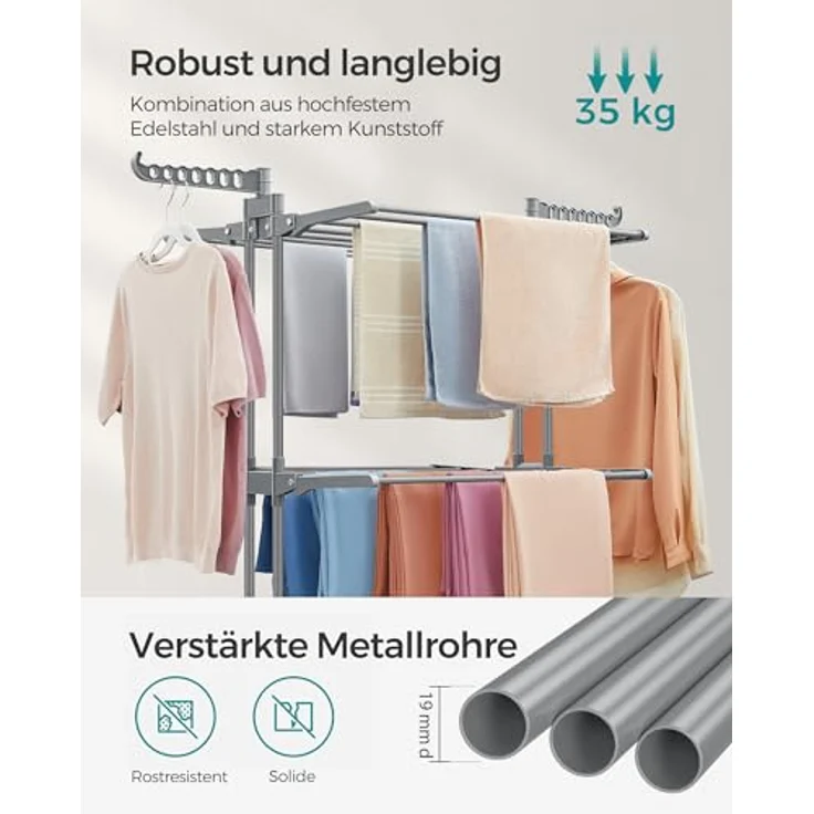SONGMICS Wäscheständer, Standtrockner 4 Ebenen, Flügelwäscheständer, klappbare Flügel, mit Rollen, 63,5 x 128 x 173 cm, groß, einfacher Aufbau, Taubengrau LLR701G01 – Bild 4