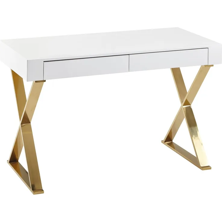 Wohnling Schreibtisch, Holz Hochglanz Weiß Metallbeine Golden, 118 x 76 x 57 cm