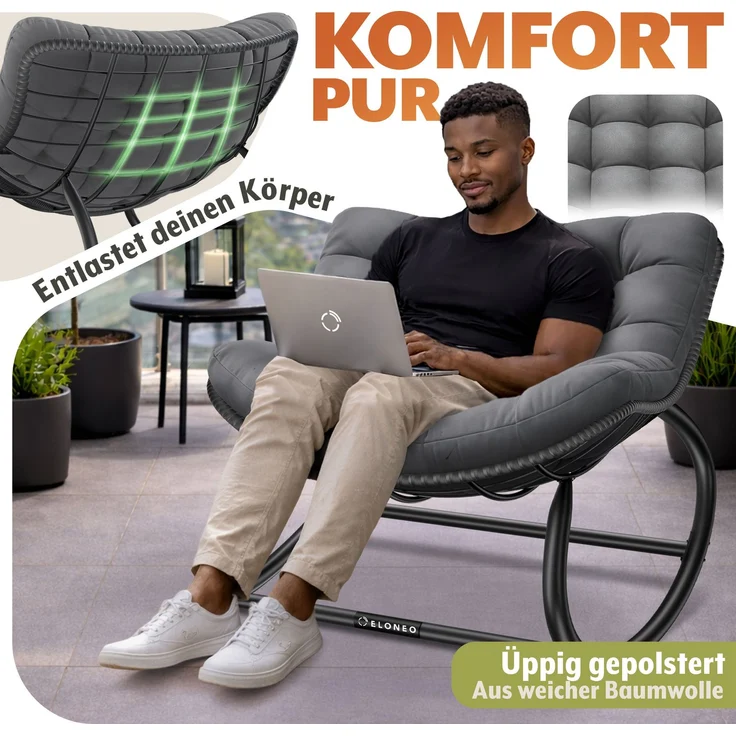 ELONEO Schaukelstuhl Outdoor XXL, ergonomischer Schaukelsessel mit Premium Sitzpolster für drinnen & draußen, Balkonsessel, wetterfester Loungesessel Outdoor, rutschfest, bis 120kg, Grau, ohne Hocker – Bild 3