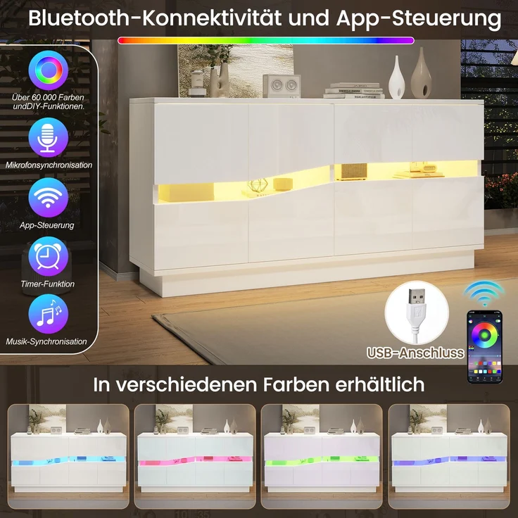 ZUBALIYA Sideboard 140x35x70 cm, mit LED-Beleuchtung, Hochglanz, mit 4 Türen, aus Spanplatte, Weiß – Bild 9