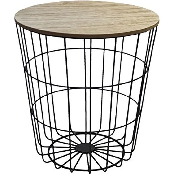 Wohaga® Beistelltisch Ø40xH43,5cm Metallkorb mit Holzplatte - Schwarz/Natur