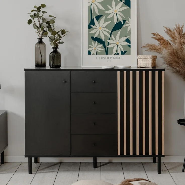 Calicosy Sideboard 2 Türen 4 Schubladen Schwarz und Holz B118 cm - MONZA - Helles Holz – Bild 2