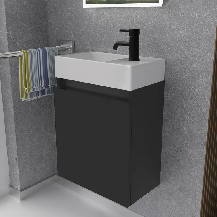 Alpenberger Badmöbel-Set Gäste WC Waschbecken mit Unterschrank - Badschrank Hängend, (2-tlg. Waschtisch Set Schwarz Matt, Waschbeckenunterschrank mit Softclose), Waschplätze für Kleine Bäder - Badschrank Hängend und Vormontiert – Bild 1