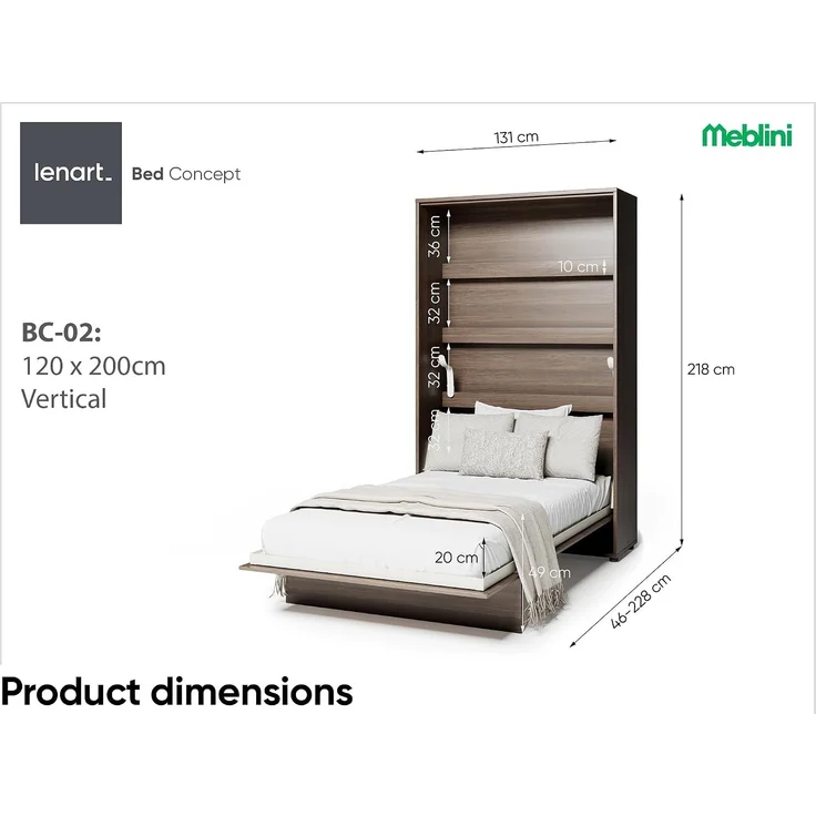 MEBLINI Schrankbett BC-02 - 120x200cm Vertikal - Dunin Eiche mit Matratze - Wandbett mit Lattenrost - Klappbett mit Schrank - Wandklappbett - Murphy Bed - Bettschrank – Bild 3