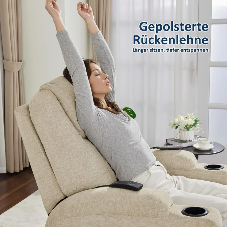M MCombo Elektrisch Relaxsessel Massagesessel Fernsehsessel Liegefunktion Vibration Heizung 7061 neues Modell (Beige-Stoff) – Bild 7