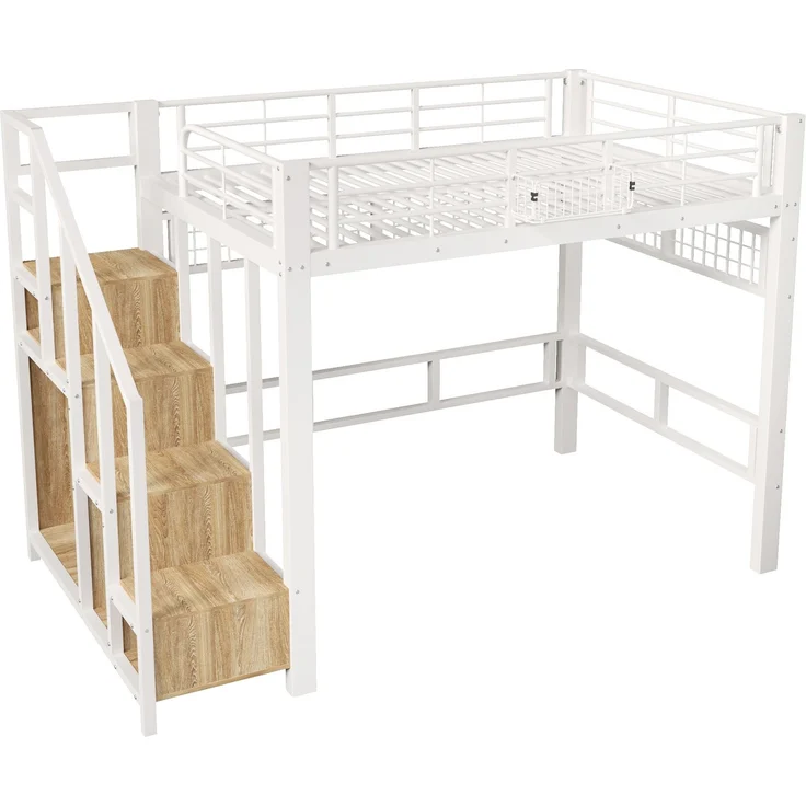 Merax Hochbett, Kinderbett 140×200cm, Jugendbett, mit LED-Lichtleiste, Treppenkonstruktionen mit Stauraum, Ohne Matratze, Weiß – Bild 9