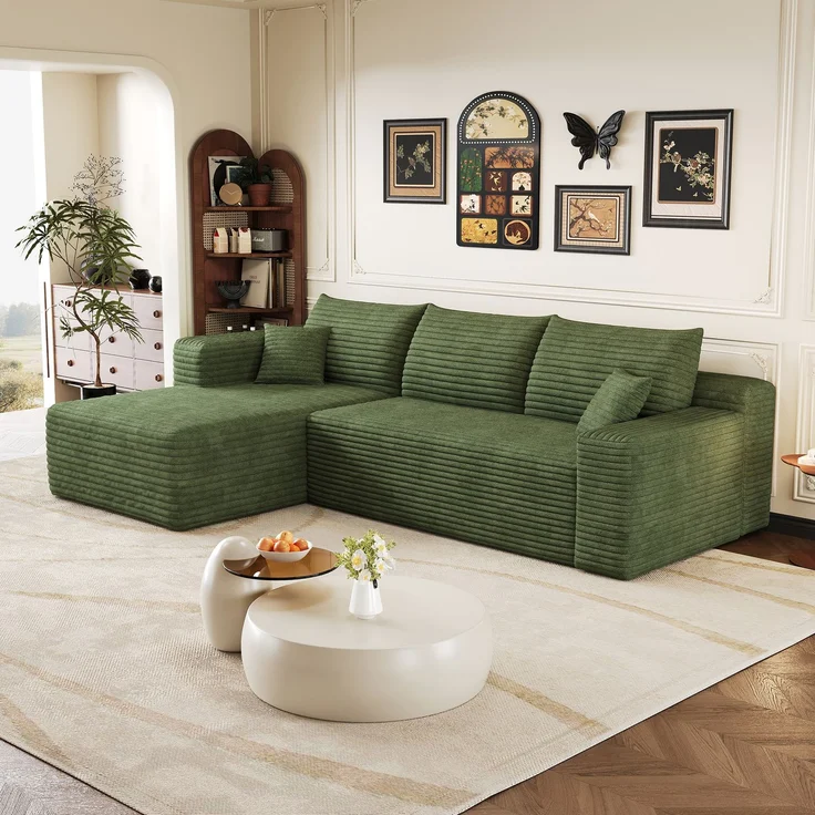 Ecksofa, B 241 x T 151 x H 58 cm, mit grünem Cordbezug und weicher Schaumstoffpolsterung – Bild 1
