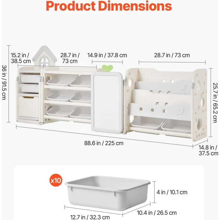 VEVOR Spielzeugaufbewahrung Bücherregal Spielzeugregal HDPE, 4-stöckige multifunktionale Ablage mit 10 flexiblen Kunststoffbehältern & Zeichenbrett, für Schlafzimmer Klassenzimmer (Grau + Beige) – Bild 3