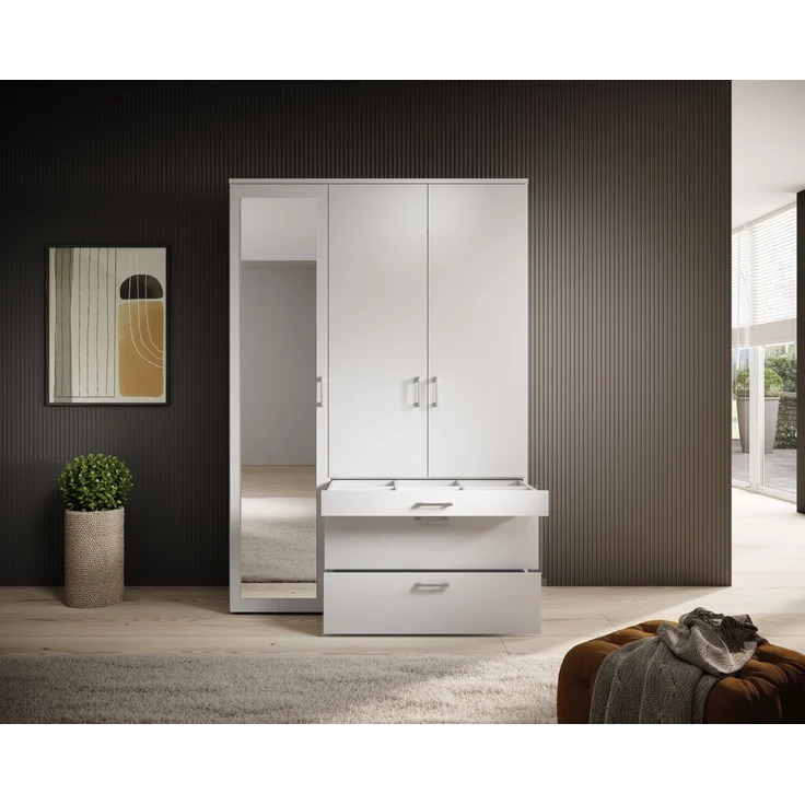 Kleiderschrank >Vesala< in Weiß mit Spiegel, Melamin - 135x195x56cm (BxHxT) – Bild 9