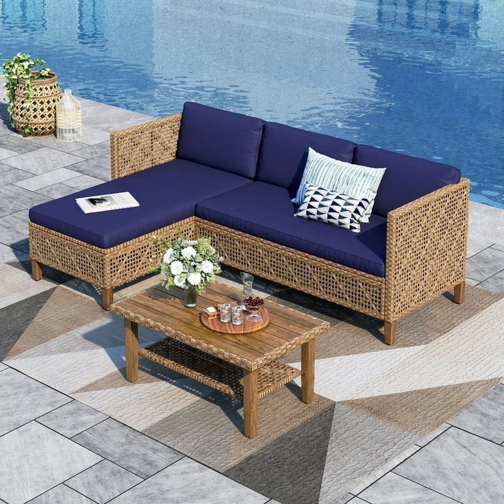 PHI VILLA Gartenlounge-Set, (1 Zweisitzer-Sofa, 1 Chaiselongue und 1 Kleiner Couchtisch, PE Rattan Lounge Möbel Outdoor), 4 Personen Terassenmöbel Außen Gartensofa, Beige und Dunkelblau – Bild 1