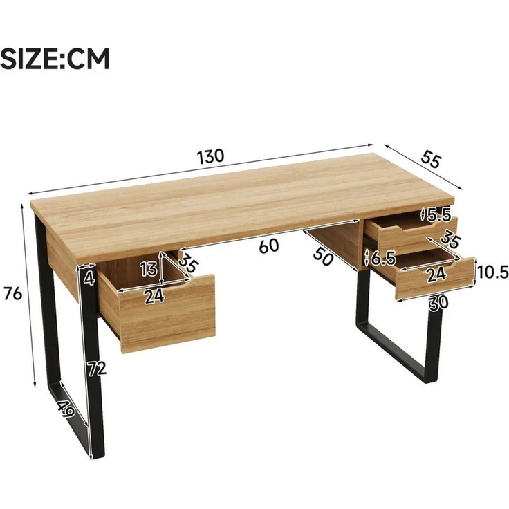 Celya Schreibtisch aus Stahl und Holz, mit 3 Schubladen zur Aufbewahrung (130×55×76cm, Melaminbeschichtung, robuste Schubladenschienen), für Homeoffice, Arbeitszimmer, Jugendzimmer oder Studentenwohnungen – Bild 2
