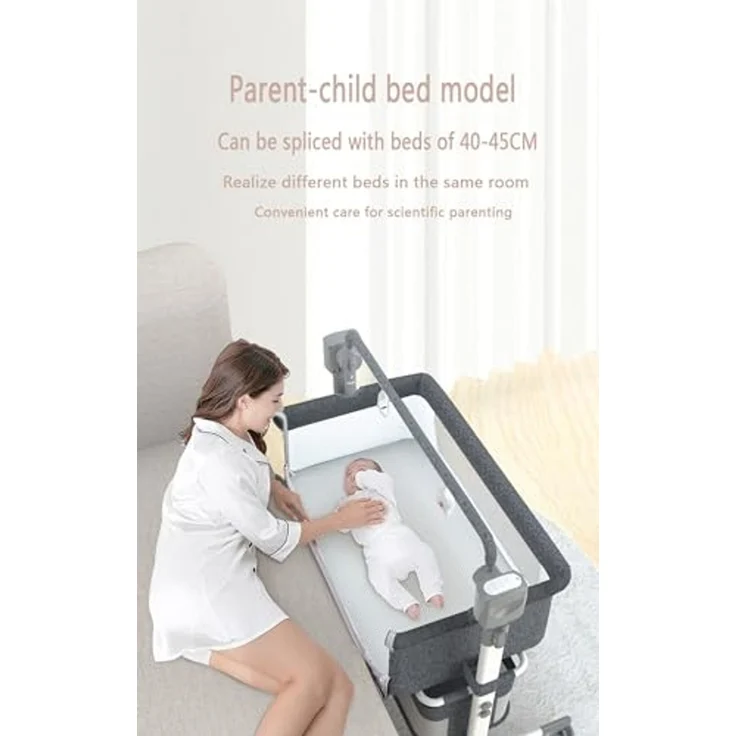 Magic ZC Elektrische Bluetooth Intelligent Beistellbett Baby mit Rollen, Faltbar Co-Sleeping Babybett, Fernbedienung und 5-schwankende Zahnräder, Stubenwagen Kleinkind Wiege mit Musik (601 Grey) – Bild 4