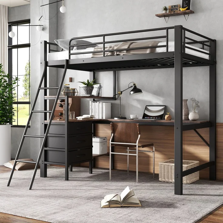 Hochbett mit Rausfallschutz, Lattenrost, Regal und Schreibtisch, 90x200 cm, Metallbett, Kinderbett, Jugendbett – Bild 2