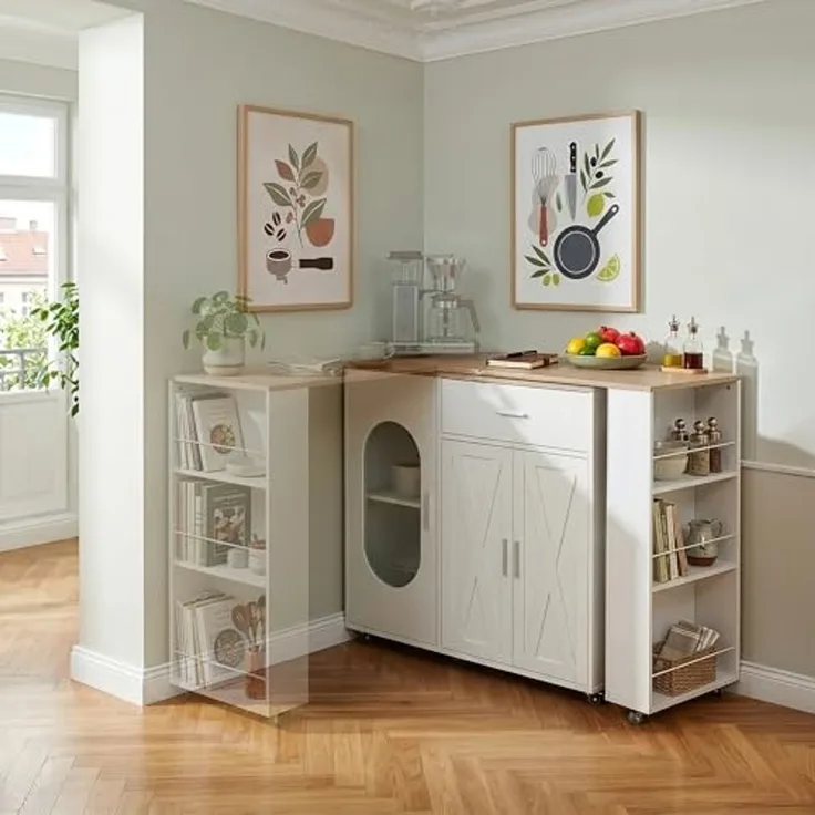 Rollbare Kücheninsel mit drehbarer Arbeitsplatte Kudebola 115 x 40 x 94 cm Eicheoptik/Weiß [en. casa]