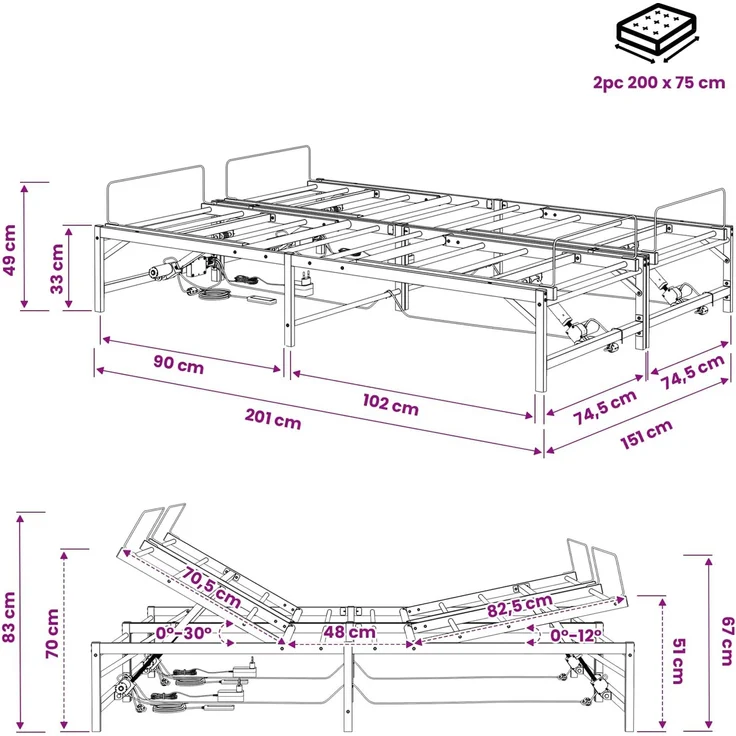 vidaXL Elektrisch verstellbares Bettgestell Weiß 150 x 200 cm Stahl 3438633 – Bild 11
