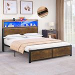 YITAHOME Bettgestell LED mit Kopfteil USB-Anschlüsse und Ladeausgänge Metallplattform-Bettgestell mit 2 Regalböden,Keine Matratze erforderlich,Braun