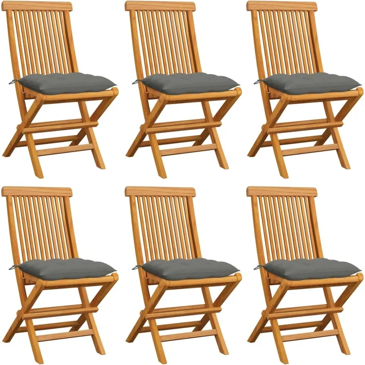 vidaXL Klappstühle mit grauen Kissen, 6-teilig, Massivholz Teakholz 3065606