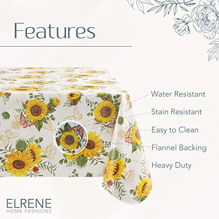 Elrene Home Fashions Sunflower Season Vinyl-Tischdecke mit Blumenmuster, Wasser- und schmutzabweisend, für drinnen und draußen, mit Flanell-Rückseite, 152,4x259,1 cm, rechteckig – Bild 5