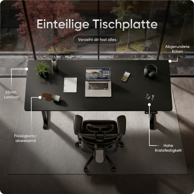 DESKSPACE Höhenverstellbarer Schreibtisch elektrisch mit leisem Dual-Motor – stabiles 4-Bein-Gestell (Schwarzes Gestell, Schwarz Tischplatte, 120×60 cm) – Bild 8