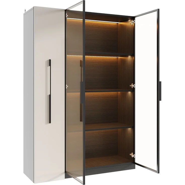 Flieks LED Vitrinenschrank 110.5×35×160 cm, Multifunktionsschrank mit Glasvitrine, Bücherregal & Aufbewahrungsschrank, Rollschrank schwarz & weiß – Bild 5