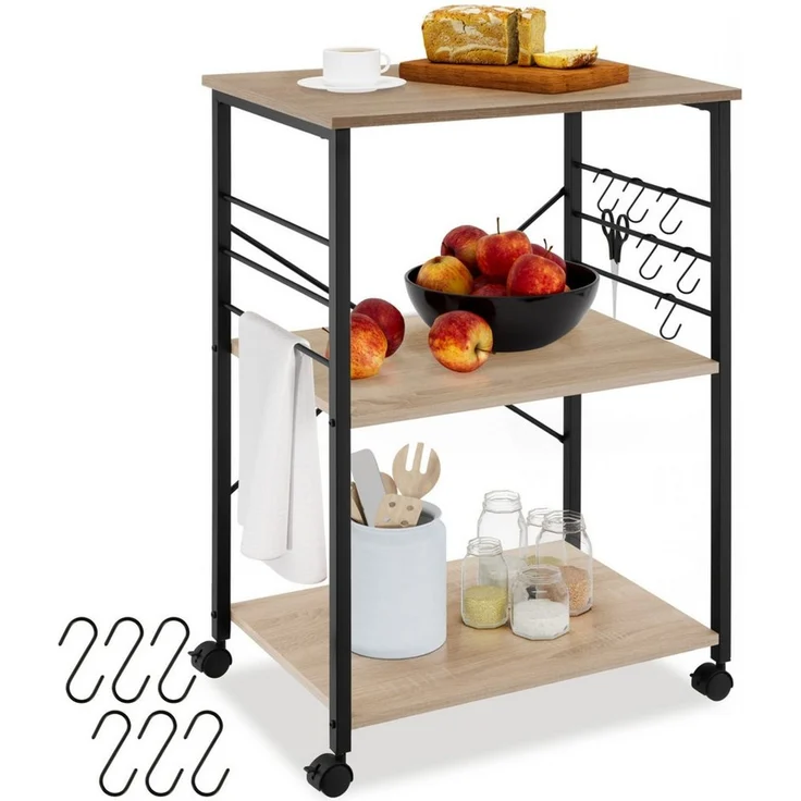tectake Servierwagen Allzweckwagen inklusive 6 Haken, 65,5 x 45,5 x 88,5 cm, (Küchenregal mit Rollen Rugby, in Industrial Holz hell, Eiche Sonoma), Stahl, mit 3 Ebenen, 4 Lenkrollen mit Feststellbremse – Bild 1
