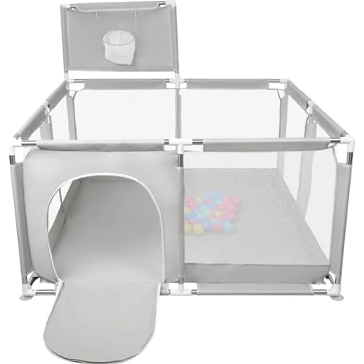 Laufstall aus Oxford-Stoff für kleine Kinder mit Barrieren und 50 Bällen, Basketballgestell, 4 Saugnäpfen, 126 x 126 x 66 cm, hellgrau – Bild 1