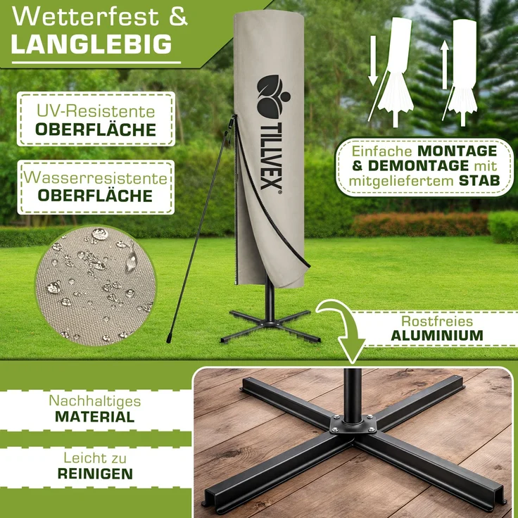 tillvex® Alu Sonnenschirm Rechteckig Ø 330 cm mit LED Solar Taupe + Abdeckung mit Kurbel | Ampelschirm mit Ständer & Windschutz | Gartenschirm UV-Schutz, wasserdicht, 360° drehbar | Kurbelschirm Marktschirm – Bild 9