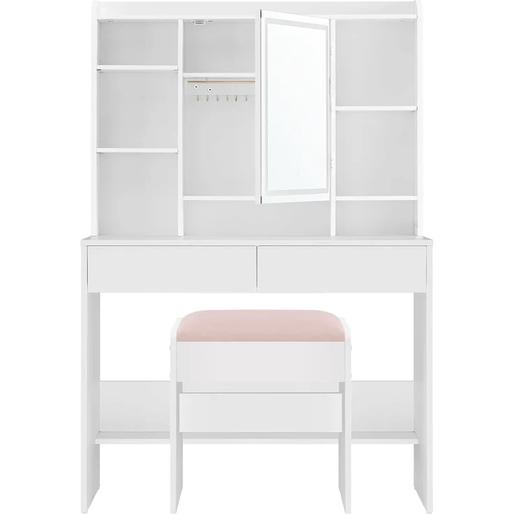 VASAGLE Schminktisch mit Beleuchtung, einstellbare Helligkeit, Hocker, Frisiertisch mit Spiegel, Kosmetiktisch mit verstellbaren Ablagen, 2 Schubladen, modern, wolkenweiß und pastellrosa