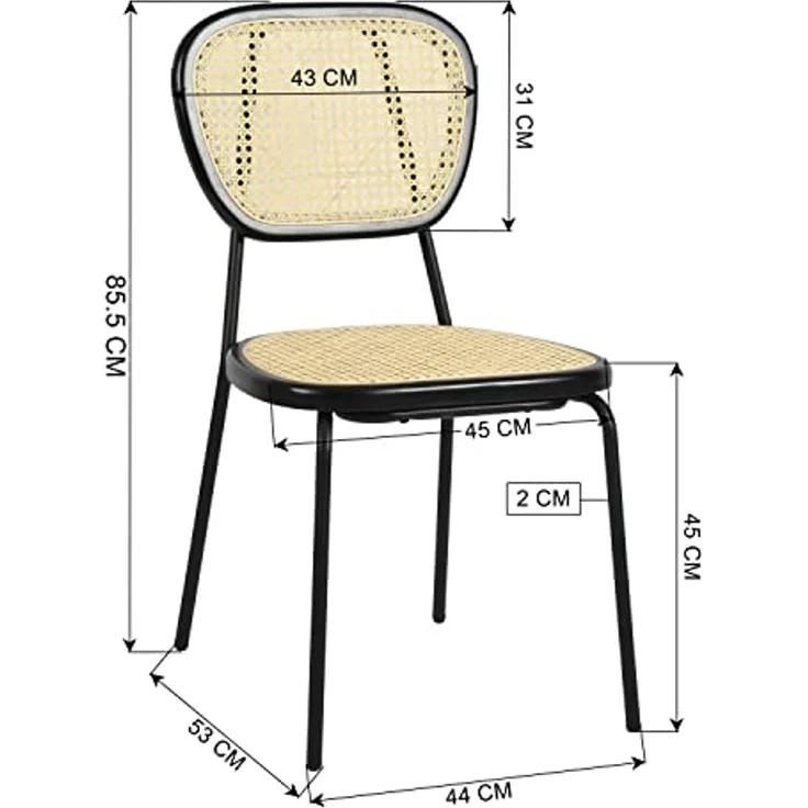 39F FURNITURE DREAM Set mit 2 skandinavischen Esszimmerstühlen aus natürlichem Rattan, Gestell aus schwarzem Metall, Faul, Natur, 45 x 51 x 84 cm – Bild 3