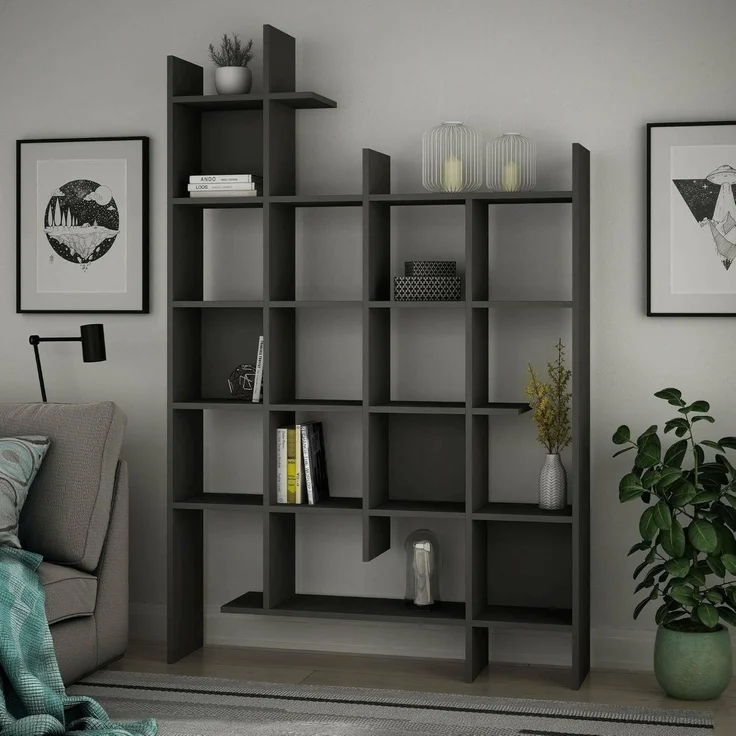 Dmora - Bücherregal Chertan, Büroregal, Mobiler Buchhalter, Bücherbrett, 122x26h188 cm, Anthrazit – Bild 1