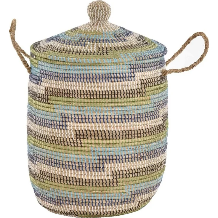 Krines Home Wäschekorb Wäschekorb Wäschesammler mit Deckel Dekokorb Aufbewahrungs-Box, Allzweck-Korb Natur Seegras mit bunten Wicklungen – Bild 1