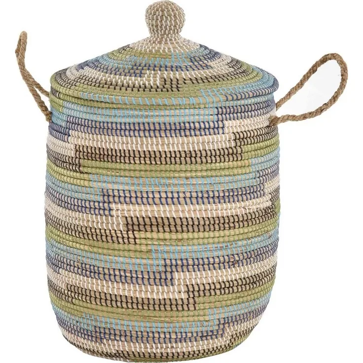 Krines Home Wäschekorb Wäschekorb Wäschesammler mit Deckel Dekokorb Aufbewahrungs-Box, Allzweck-Korb Natur Seegras mit bunten Wicklungen