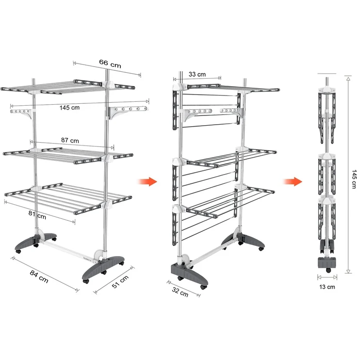 Todeco Wäscheständer Turm Klappbar, Wäscheturm 3 Ebenen aus Edelstahlrohre, Turmtrockner mit 6X Rollen, Flügel, Mobiler Turmwäscheständer für Balkon Wohnzimmer Wäscheraum Badezimmer, Grau – Bild 6