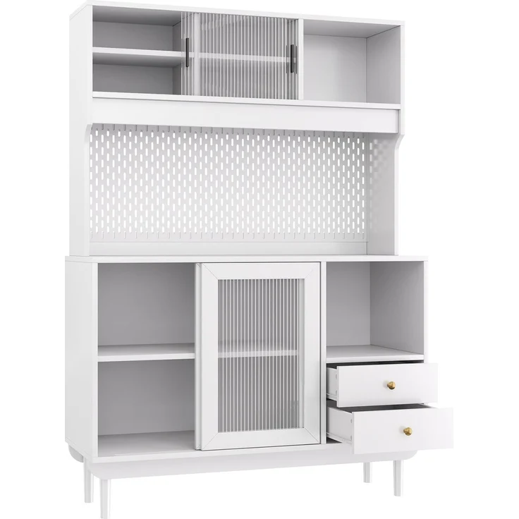 Küchenbuffet mit Riffelglas-Schiebetüren, Lochplatten-Rückwand, Schubladen und offenen Fächern, Küchenschrank aus MDF und Spanplatte mit Kiefernholz Füßen--Weiß--117x30x170cm--YOUDENOVA – Bild 7