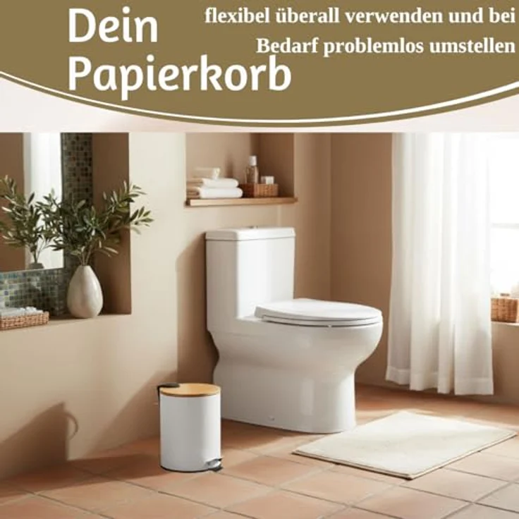 LS-LebenStil Kosmetikeimer Tretmülleimer 3L, Weiß Matt, Soft Close mit Bambus Deckel, Rund mit herausnehmbarem Inneneimer für Bad und Küche – Bild 8