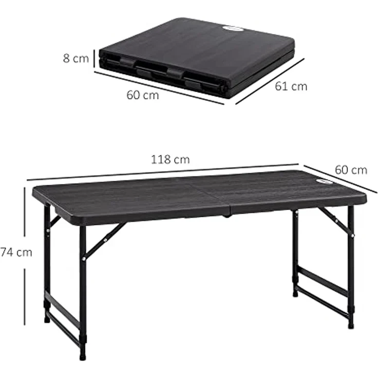 Outsunny Gartentisch Campingtisch, Buffettisch mit Stahlgestell, Terrassentisch für 4 Personen, 1-St, Höhenverstellbarer, HDPE, Dunkelgrau, 118 x 60 x 74 cm – Bild 3