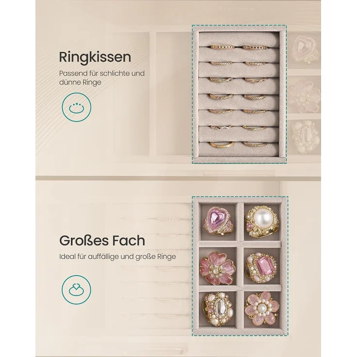SONGMICS Schmuckkästchen mit 7 Ebenen und Glasdeckel, Schmuck-Organizer mit Schubladen, 24 x 17,2 x 24 cm, Weiß – Bild 7