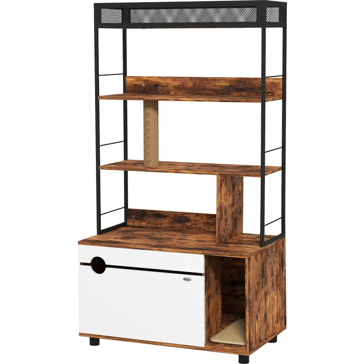 Katzentoilette mit 3-Ebenen-Regal und Kratzpfosten, Geschlossenes Katzenklo, 80 x 48 x 152 cm, Braun--Rustikal-Braun--152x48x80cm--YOUDENOVA – Bild 2