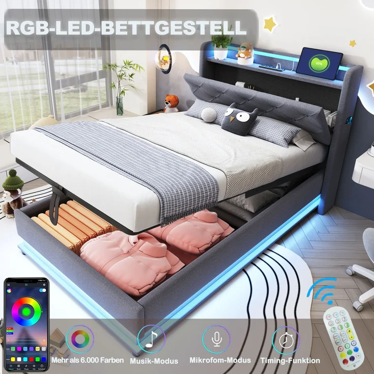 Merax Kinderbett Polsterbett 90*200cm, Mit farbwechselnden Lichtern und USB-Steckdose, Kopfteil aufklappbar, Mit Hydraulischem Stauraum, Mit Handytasche, Multifunktionales Einzelbett, Leinenstoff Grau – Bild 5