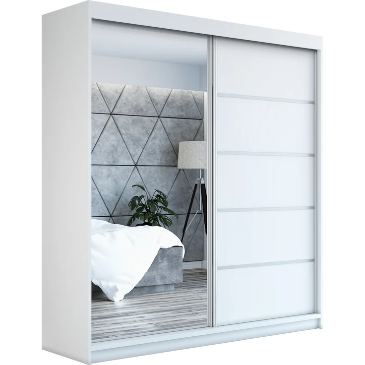 A&J MöbelLand 'GAP' Schwebetürenschrank mit Spiegel, 215 x 59,5 x 160 cm, Weiß – Bild 1
